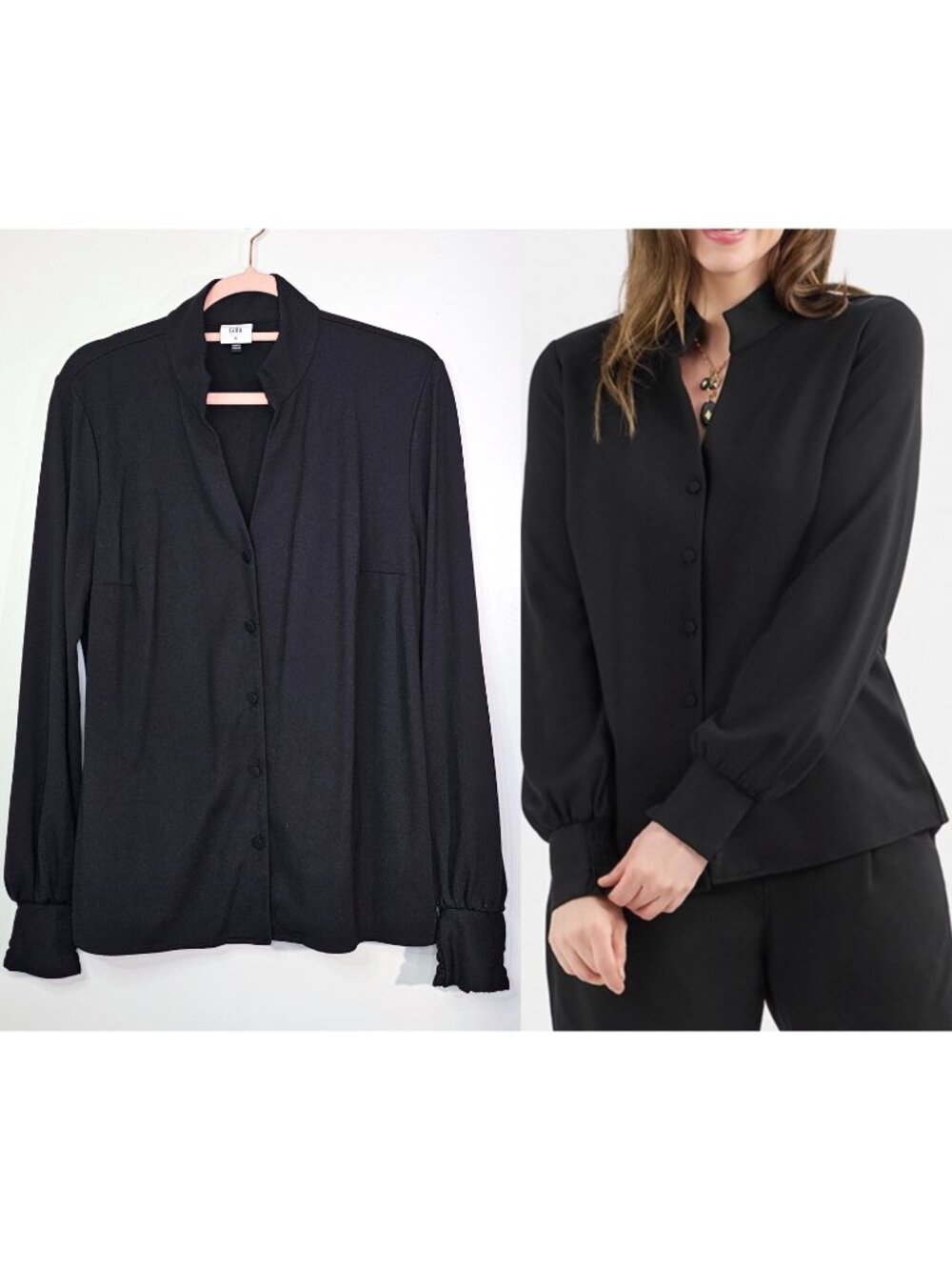 Cabi #4746 Composer Top Band Collar Long Sleeve Smocked Cuff Button Up Blouse M